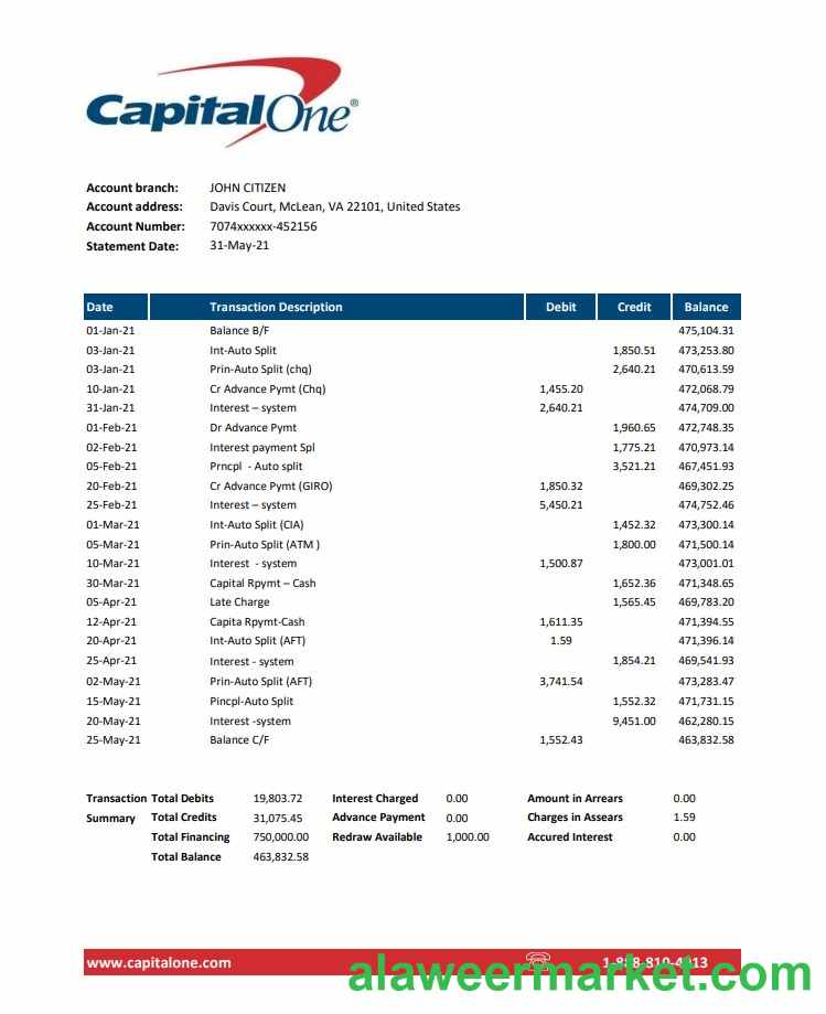 USA Capital One bank statement easy to fill template in Excel and PDF format